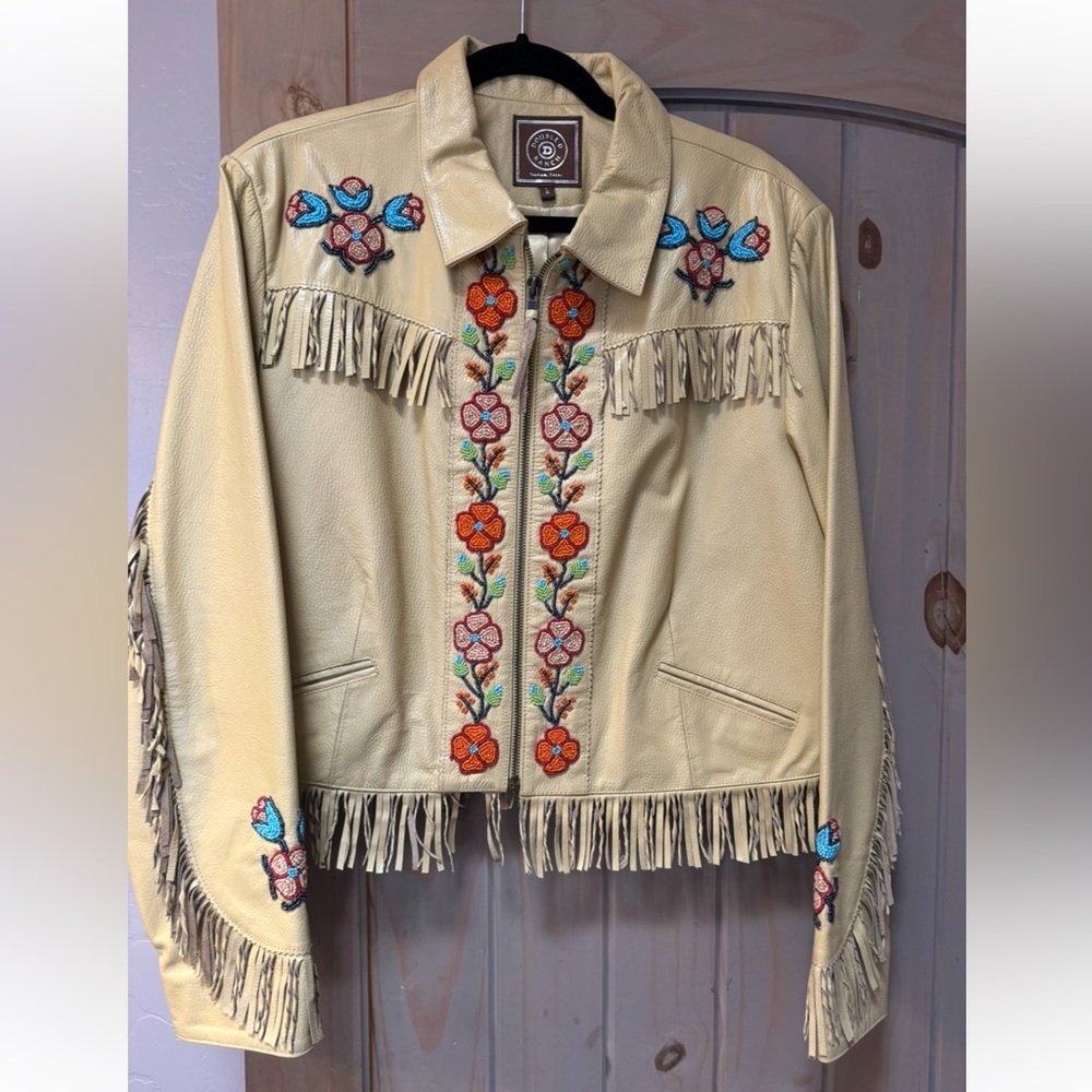 Double D Ranch Cream Leather Jacket with beaded Embroidery and Fringe